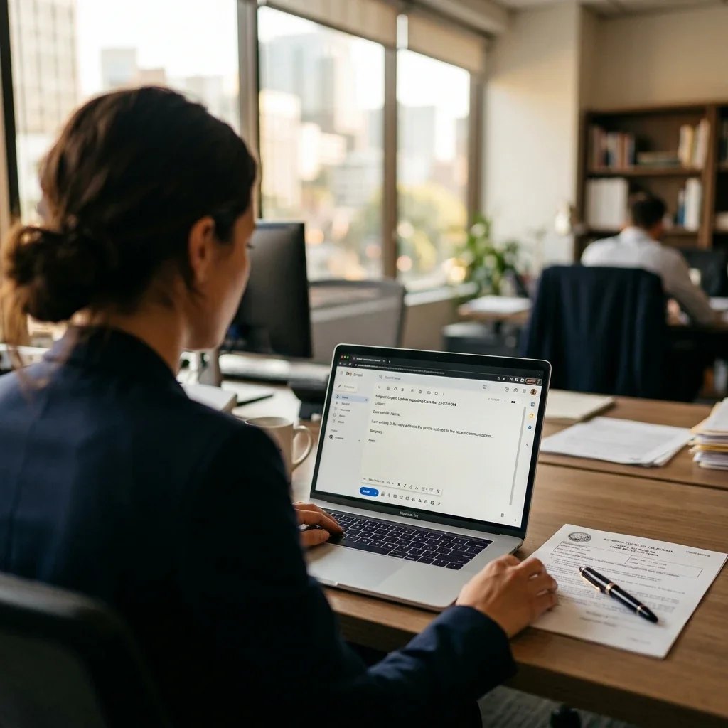 Over-the-shoulder view of someone composing a formal email on a laptop screen, a printed court notice and a pen resting on the desk beside them, natural office lighting with a partially visible window in the background