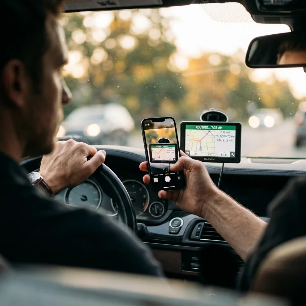 Person's hand holding a smartphone, photographing the small display screen of a car-mounted device, interior of vehicle visible with morning light, slight sense of urgency in the composition