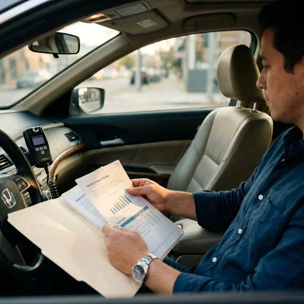 Over-the-shoulder view of a driver reviewing paperwork inside a car, interlock device visible mounted near the steering column, natural daylight coming through the windshield, focus on the documents in hand