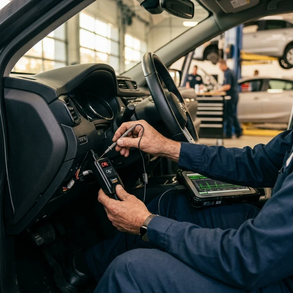 Close-up of a technician's hands calibrating an ignition interlock device mounted under a vehicle dashboard, diagnostic tool connected, service center environment visible in soft background blur