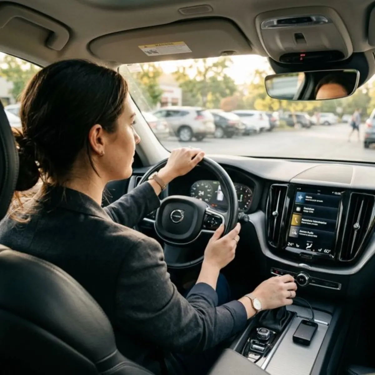 Driver seated behind the wheel of a sedan in a parking lot, preparing for a road test