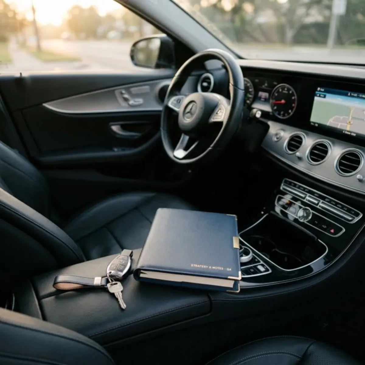 Folder of documents and car keys resting on the center console of a parked car