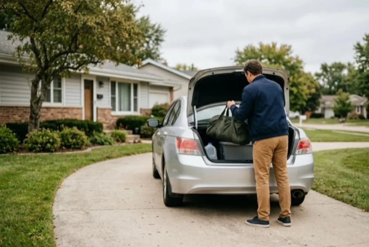 A driver loads a packed duffel bag into the trunk of a sedan in a suburban driveway under an overcast sky, getting ready to evacuate