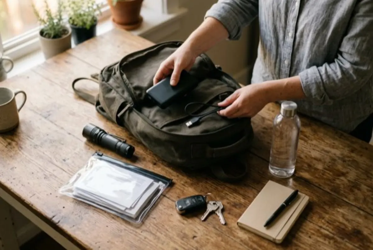 An emergency go-bag on a kitchen table with a phone charger, a battery pack, a flashlight and paperwork sealed in a waterproof pouch