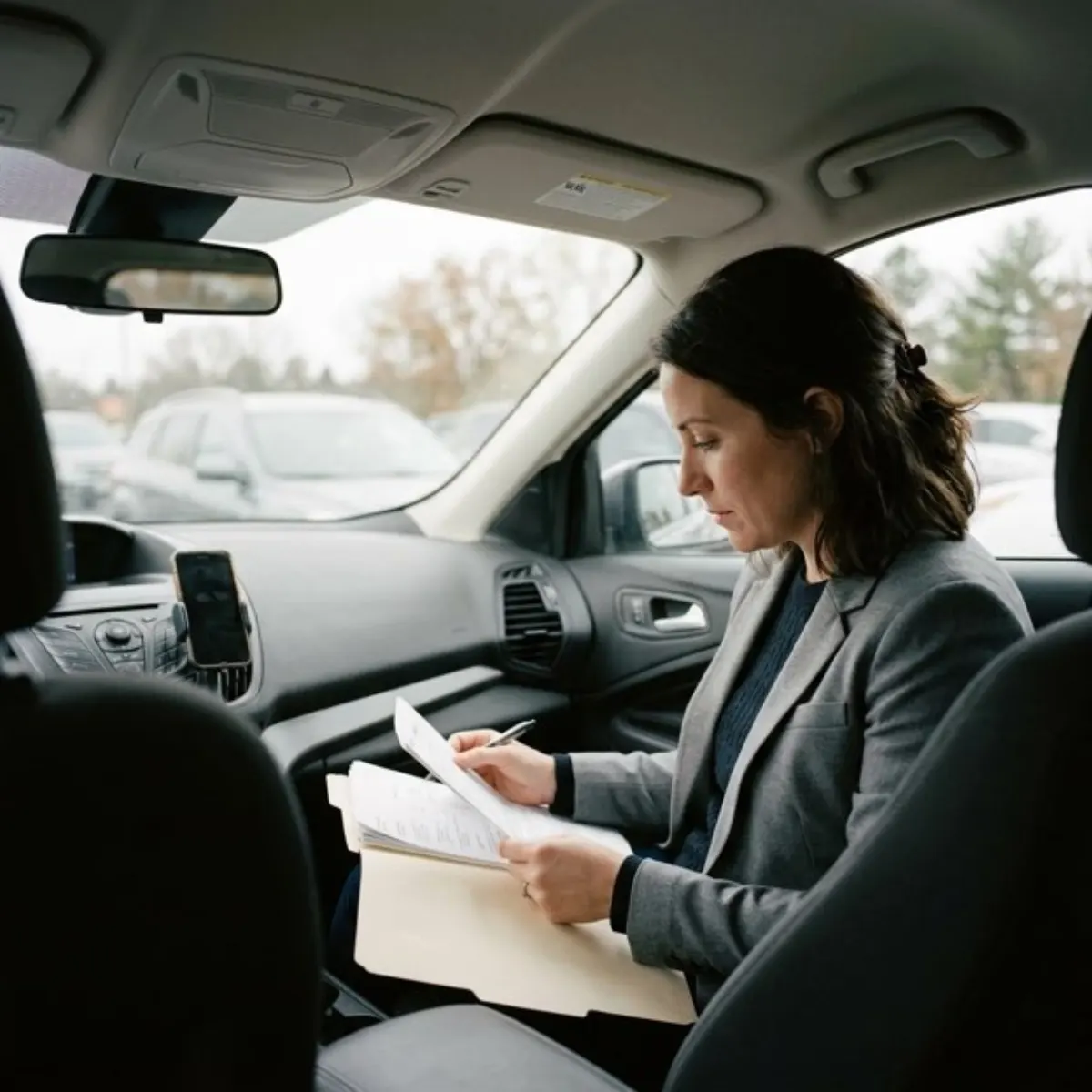 A woman sits in her parked car reviewing a folder of paperwork, keeping records of calls and closures during a storm