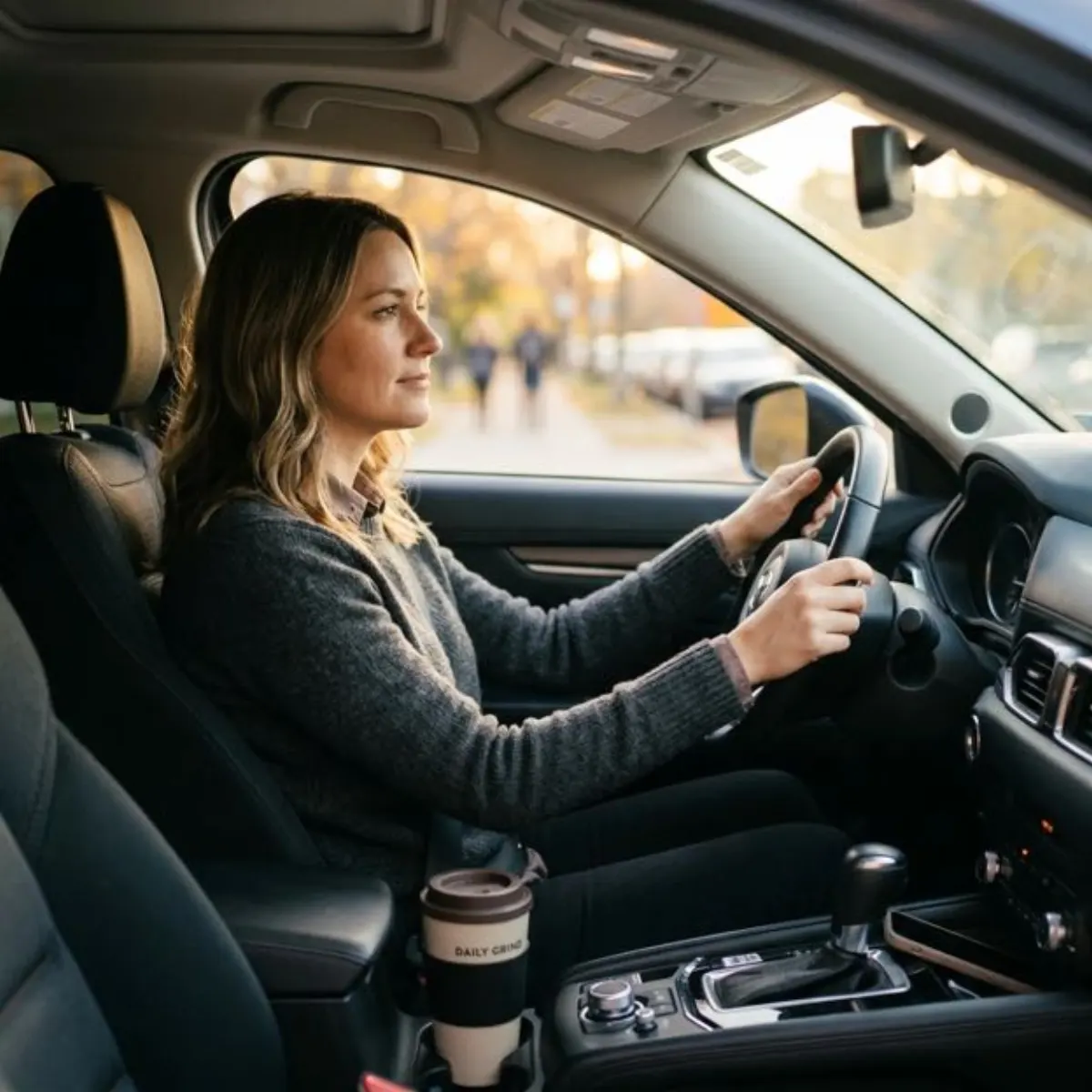 A woman sitting calmly behind the wheel of her car on an autumn afternoon, both hands on the steering wheel