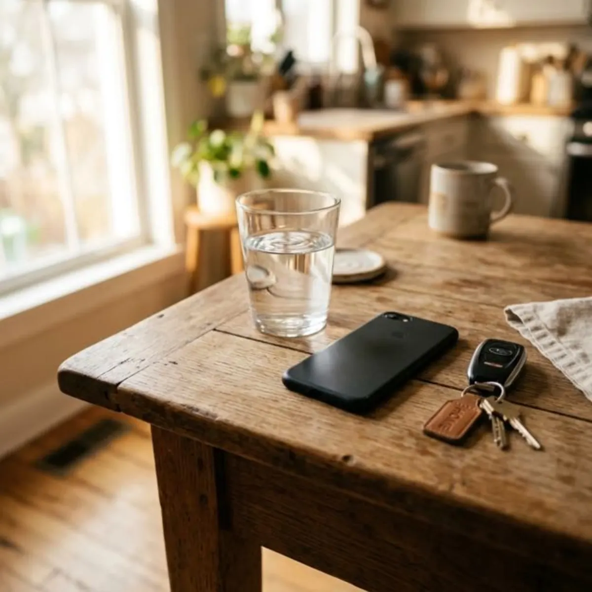 A glass of water, a phone and car keys on a kitchen table in morning light, planning a drive around how long it takes for alcohol to kick in and clear