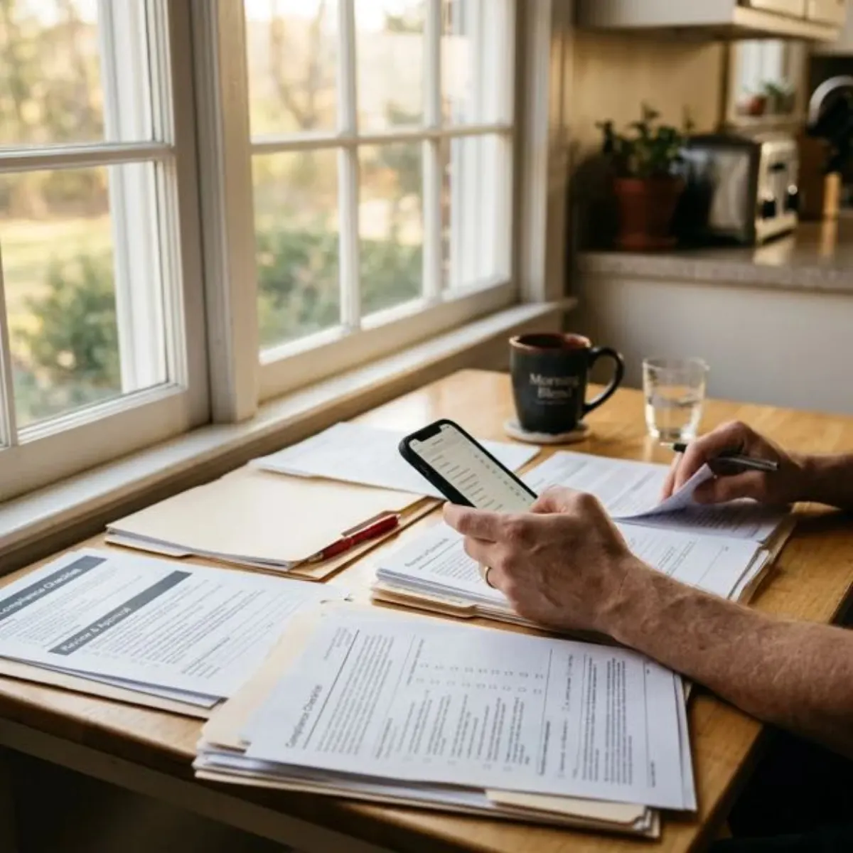 A person on a phone call at a kitchen table in morning light, program paperwork spread out in front of them