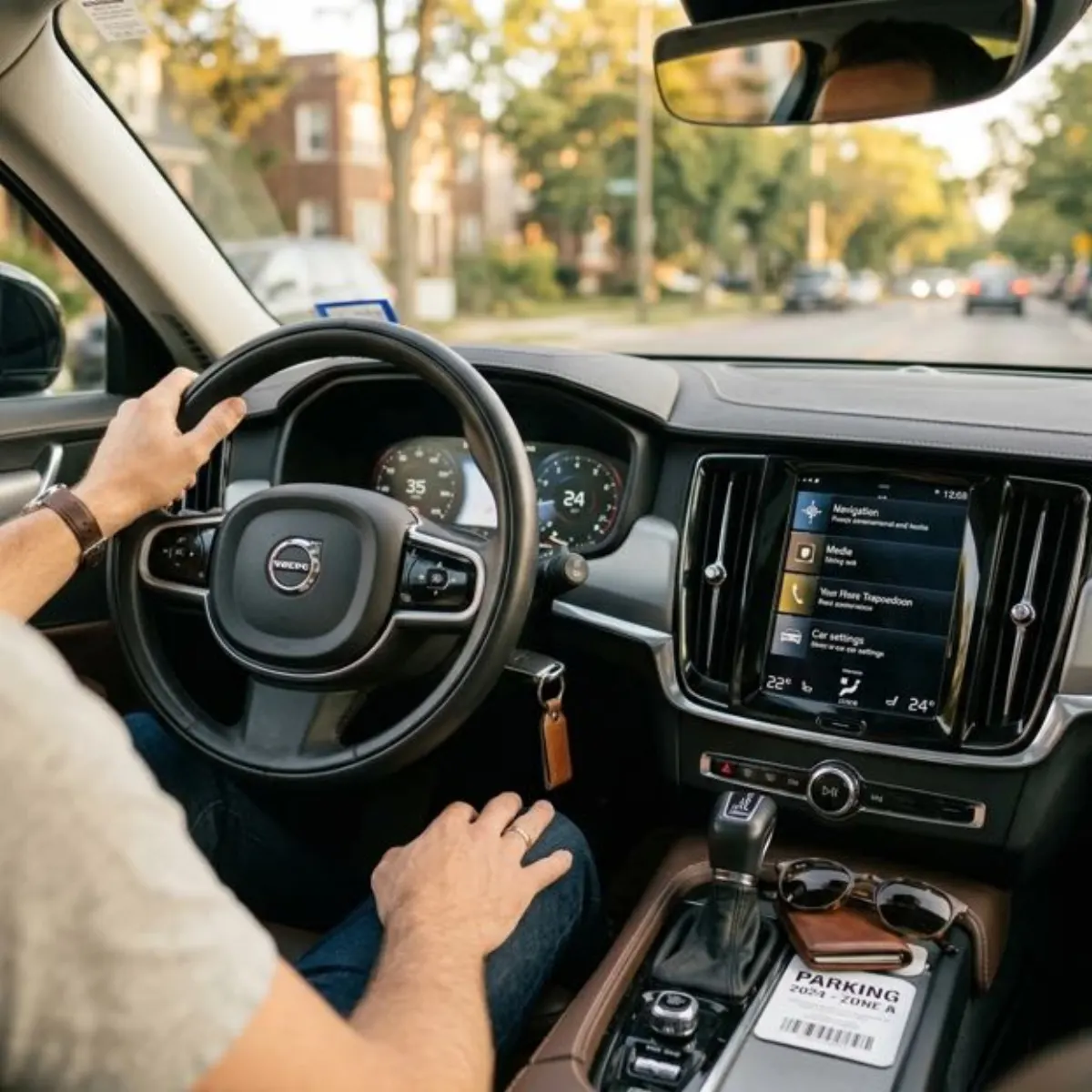 A driver sits behind the wheel of a car in daylight with both hands on the steering wheel