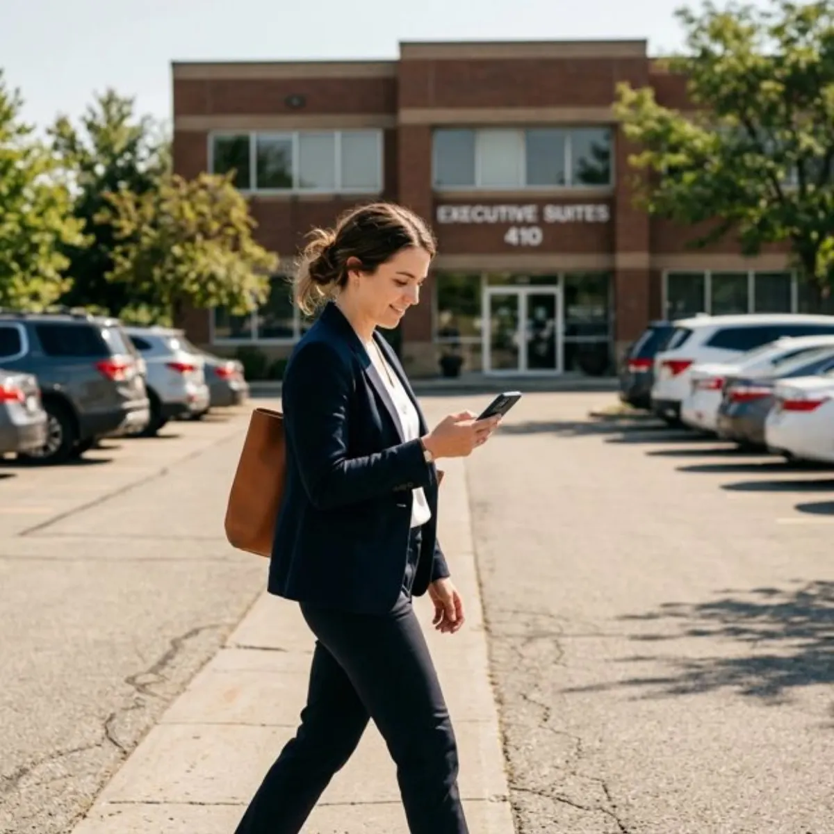 A woman checks the calendar on her phone while walking through an office parking lot between VASAP and interlock appointments