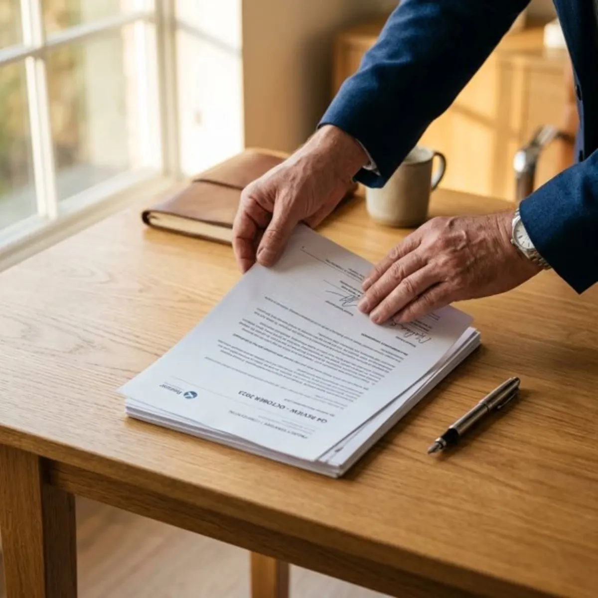 Hands organize a stack of printed documents on a wooden desk, like the fee receipts and records a VASAP participant keeps