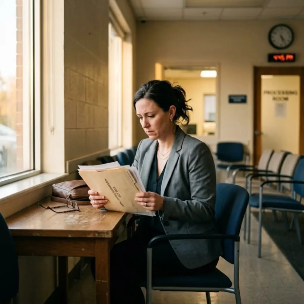 A woman reviews a folder of paperwork while she waits in a public office, a common first step after a VASAP referral