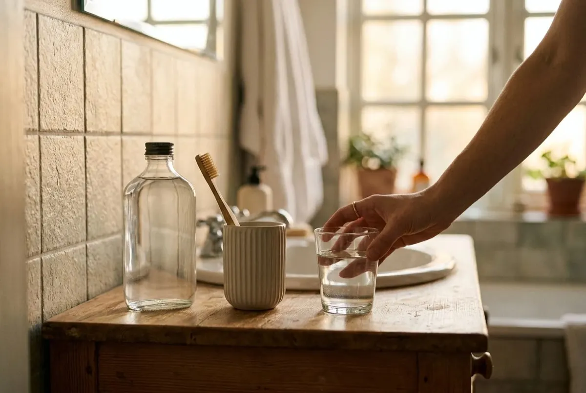 Glass of water, toothbrush and a clear mouthwash bottle on a bathroom counter in morning light.